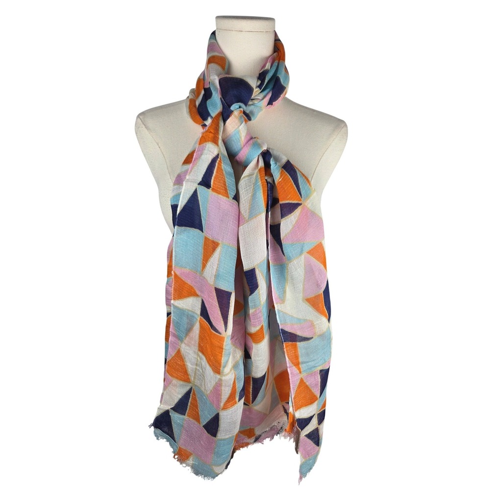 Spartina 449 Scarf Multi Geometric Linen Viscose Lightweight Frayed Artsy Boho